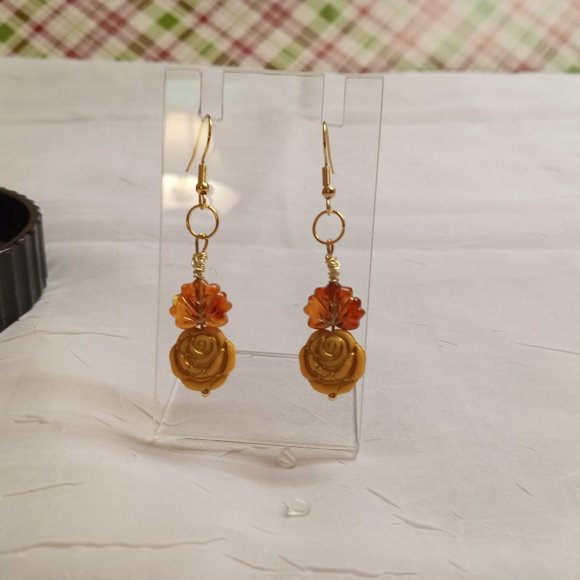 Steel Handmade Hand Crafted Leaf & Rose Beaded Dangle Earrings #55 - Picture 6 of 14